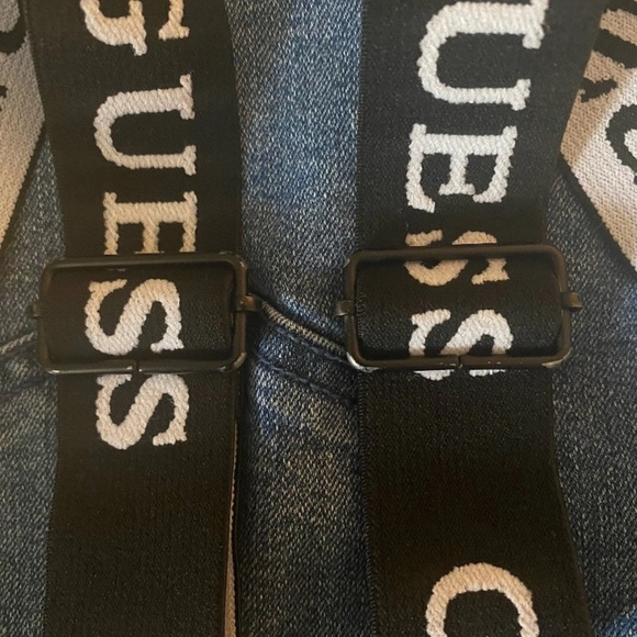 GUESS Women Denim Jean Bib Overalls Mini Dress Logo Straps Distressed Hem Size L - Picture 9 of 10